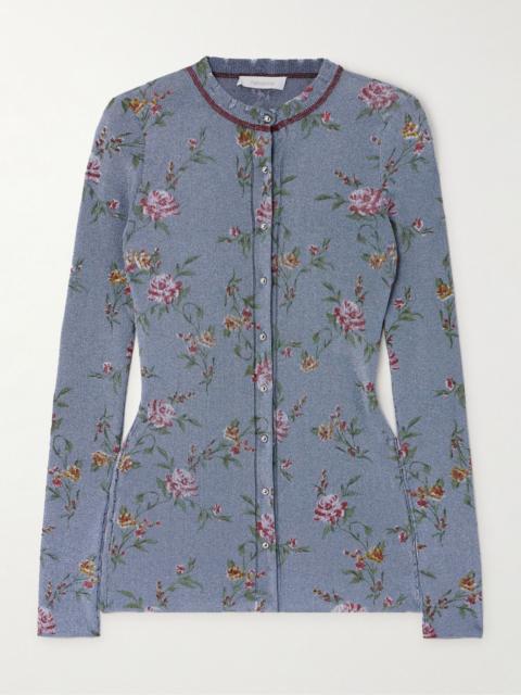 rabanne Metallic floral-print knitted cardigan Blue