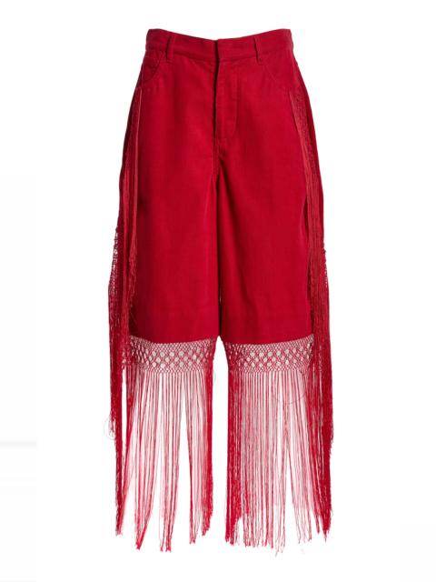 CHRISTOPHER ESBER Macrame Fringed Corduroy Cropped Jeans red