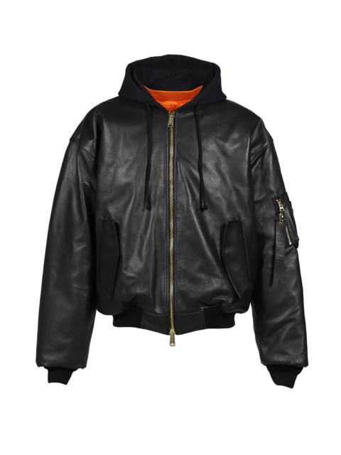 VETEMENTS LEATHER BOMBER WITH ATTACHED HOOD / BLK
