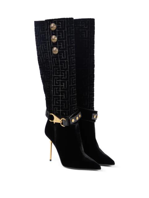 Balmain Robin Monogram velvet knee-high boots