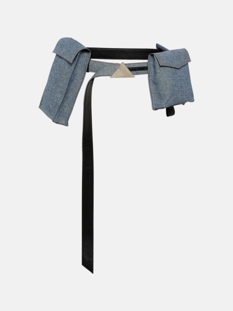 Denim and leather belt with pockets