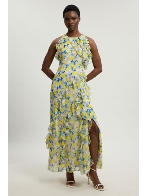 KAREN MILLEN Petite Floral Crinkle Georgette Ruffle Detail Halter Neck Woven Maxi Dress