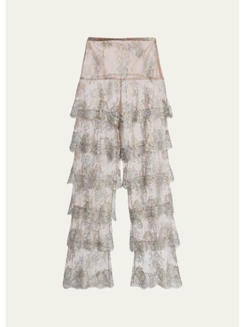 Valentino Metallic Lace Ruffle Straight-Leg Pants