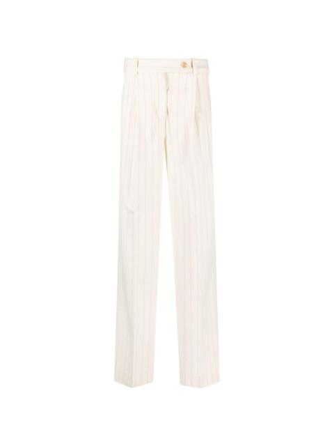 pinstriped wool-blend wide-leg trousers