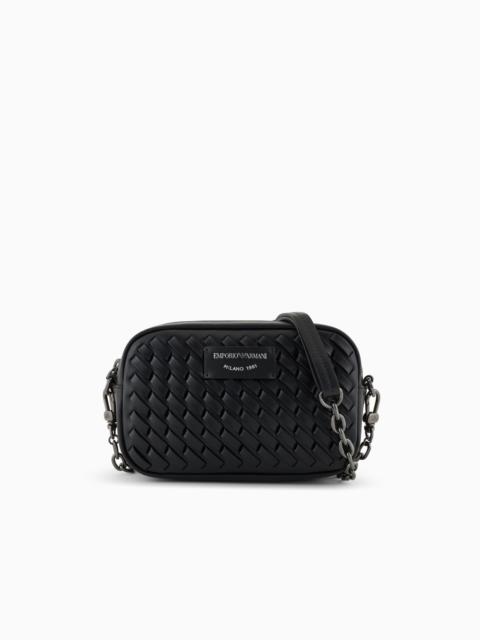 EMPORIO ARMANI INTERWOVEN LEATHER CAMERA CASE WITH CHAIN SHOULDER STRAP