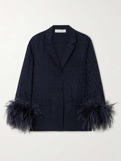 Valentino Feather-trimmed silk satin-jacquard shirt