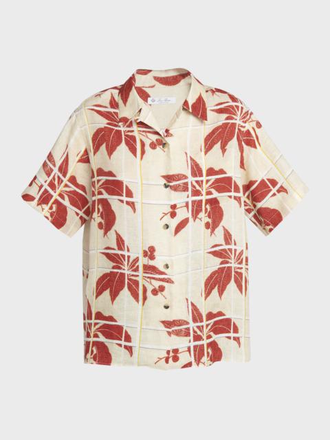 Isobel Hibiscus Flowers Linen Short-Sleeve Button-Down Shirt