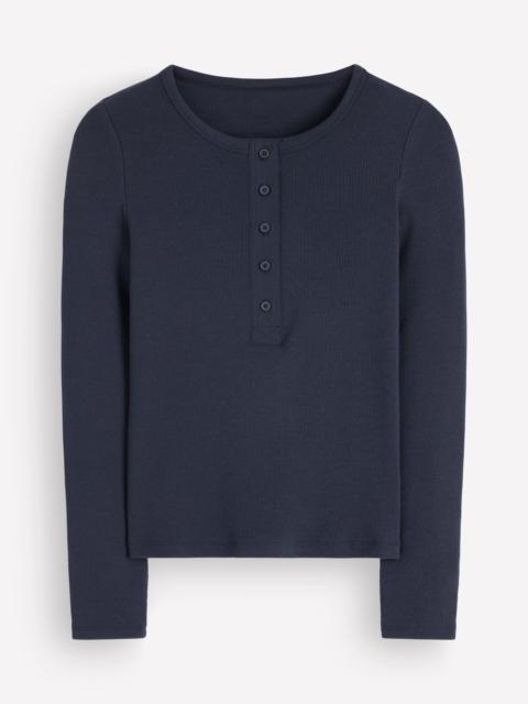 BODEN Ribbed Long Sleeve Henley-Navy