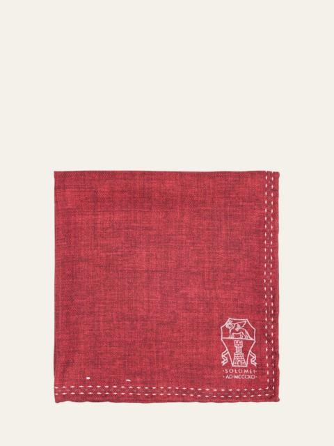 Brunello Cucinelli Men's Silk Logo Emblem Pocket Square