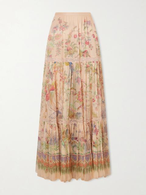 Etro Tiered Pleated Lace-trimmed Printed Silk Maxi Skirt