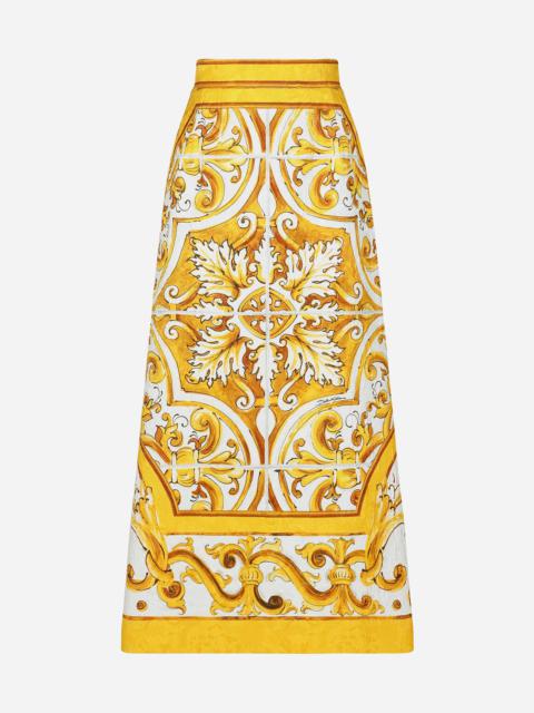 Majolica-print brocade calf-length skirt