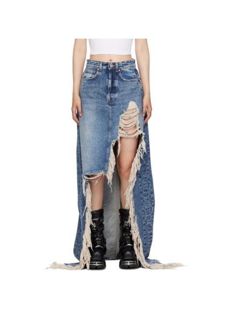 VETEMENTS Blue Destroyed Denim Maxi Skirt