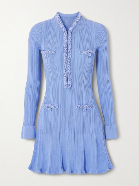 self-portrait Faux Pearl-embellished Ribbed-knit Mini Dress