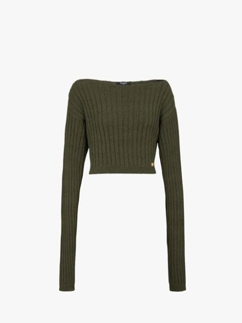 Balmain Cropped khaki wool sweater