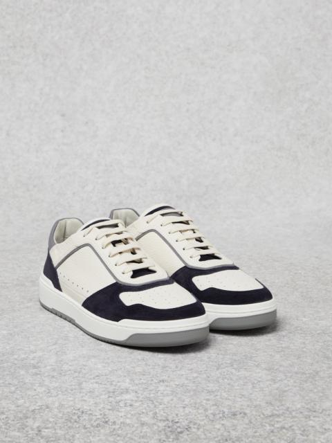 Grained calfskin and washed suede basket sneakers