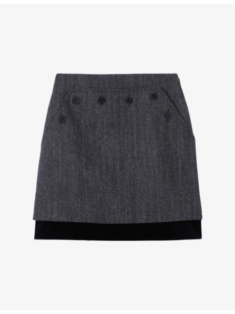 Claudie Pierlot Button-Embellished Velvet-Hem Wool-Blend Mini Skirt