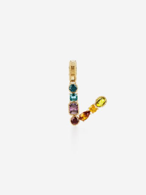 Rainbow alphabet V 18 kt yellow gold charm with multicolor fine gems