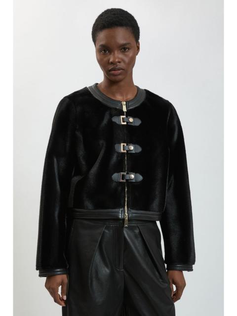 KAREN MILLEN Faux Fur & Faux Leather Buckle Detail Collarless Tailored Short coat