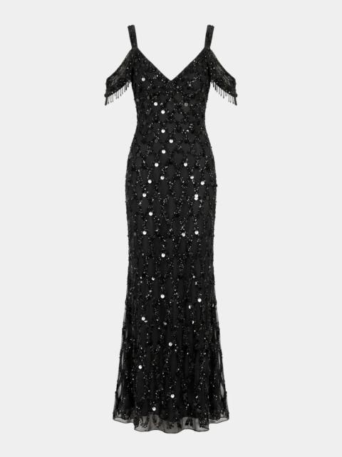 MAC DUGGAL Beaded Mesh Off-The-Shoulder Column Gown