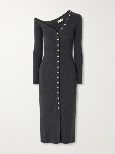STAUD Craftsman Off-the-shoulder Ribbed Cotton And Wool-blend Midi Dress