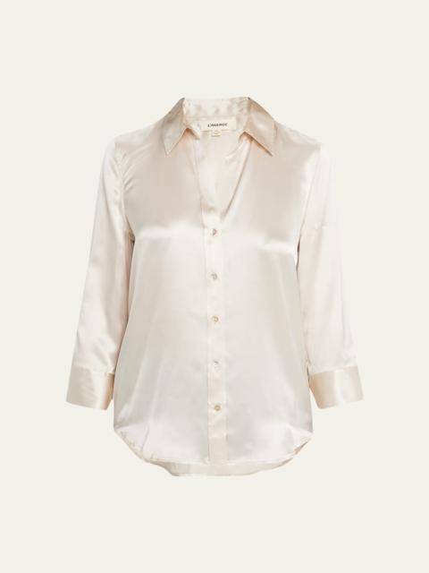 L'AGENCE Dani Silk Satin 3/4-Sleeve Button-Down Blouse
