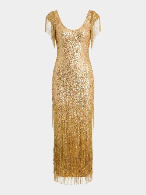 MAC DUGGAL Sequin-Embellished Fringed Mesh Dress