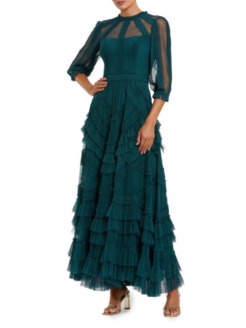MAC DUGGAL Women's Evening Mesh Ruffle-Trim Gown - Teal