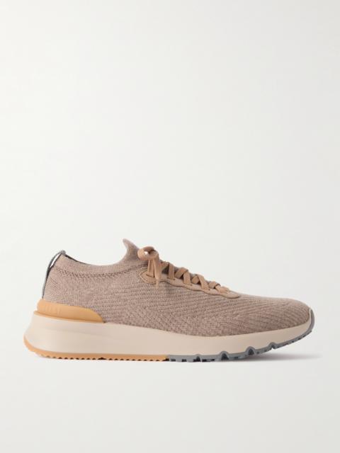 Brunello Cucinelli Leather-Trimmed Stretch-Knit Sneakers