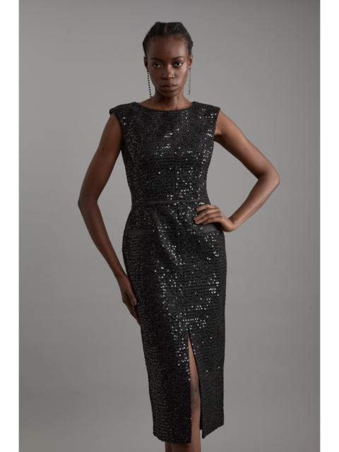 KAREN MILLEN Tailored Sequin Tweed Drop Waist Midi Dress