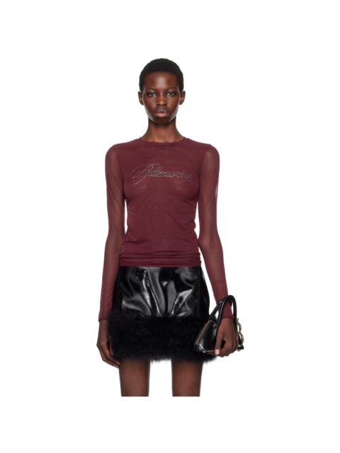 Blumarine Burgundy Embroidery Rhinestone Long Sleeve T-Shirt