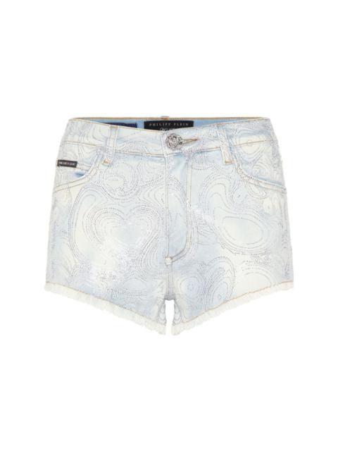 abstract-pattern print denim shorts