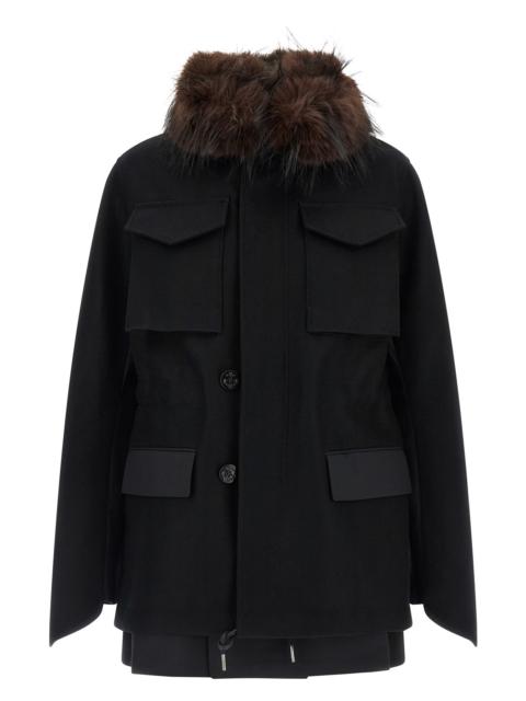 sacai Wool Coat With Fur Insert