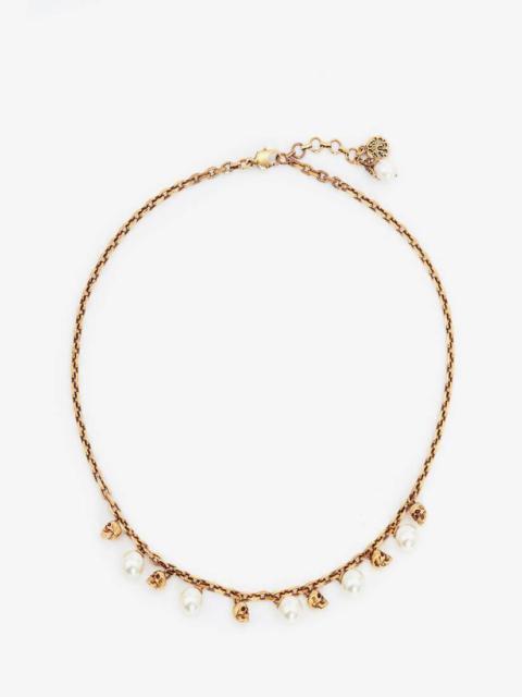 Alexander McQueen Pearly Skull Necklace in Antique Gold