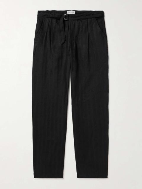 Oliver Spencer Straight-Leg Belted Pleated Embroidered Linen Trousers