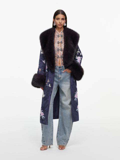 self-portrait Navy Floral Jacquard Fur Collar Coat