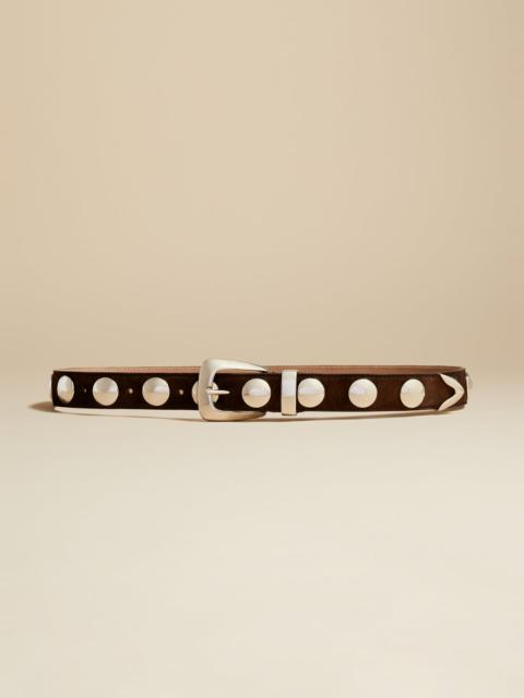 KHAITE The Benny Belt in Coffee Suede with Silver Studs