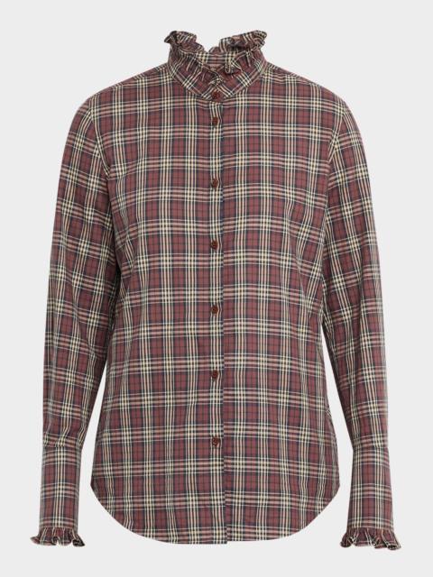 NILI LOTAN Elio Ruffle-Trim Cotton Plaid Shirt