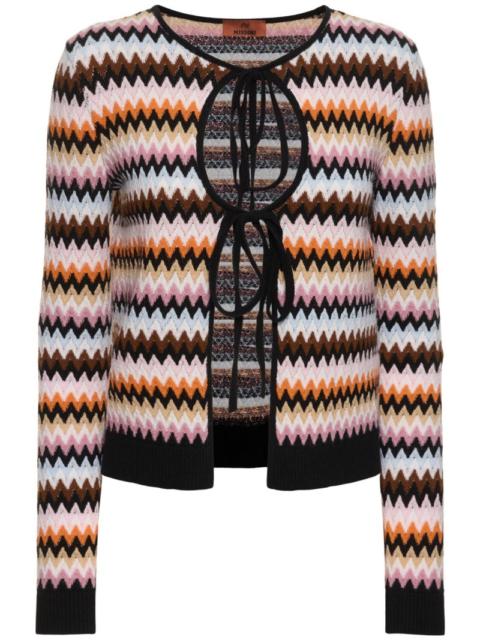 Striped wool knit self-tie cardigan