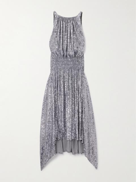 Asymmetric Ruched Sequin-embellished Jersey Midi Dress