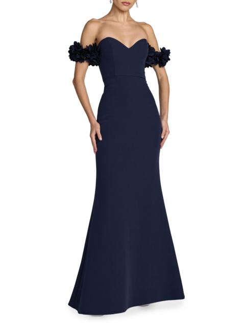 MAC DUGGAL Women's Petite 3D Floral Crepe Off-the-Shoulder Mermaid Gown - Midnight