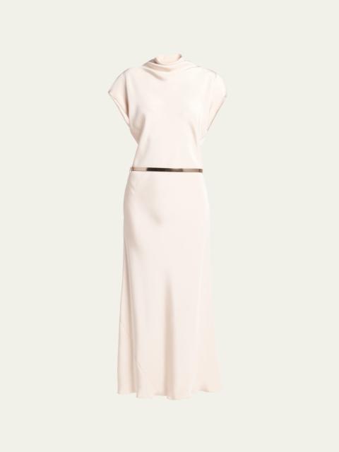 GIORGIO ARMANI Cowl-Neck Silk Crepe Maxi Dress with Leather Belt