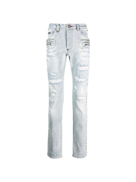 stud-embellished distressed jeans