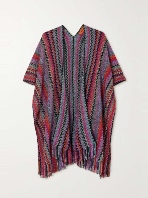 Fringed striped crochet-knit wrap