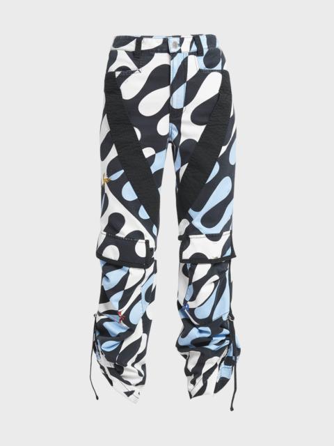 Mid-Rise Abstract-Print Straight-Leg Roll-Hem Cargo Trousers