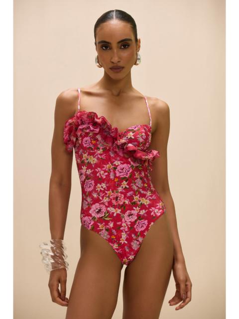 PatBO PEONY PRINT LYCRA RUFFLE BODYSUIT