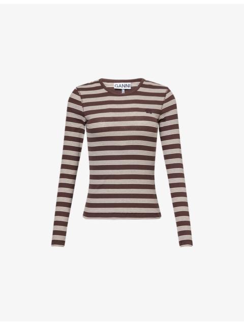 GANNI Striped Long-Sleeve Cotton-Rib Top