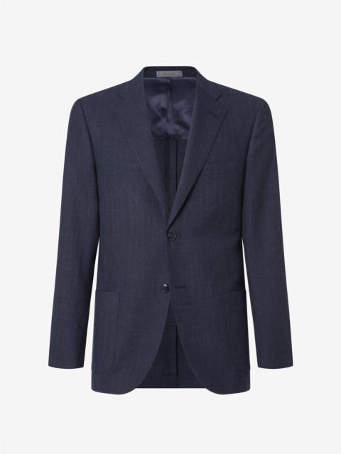 CORNELIANI Navy blue wool, silk and linen jacket with herringbone pattern