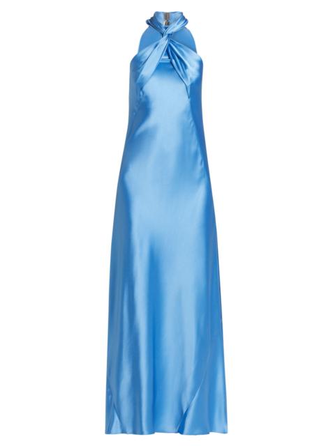 GALVAN Women's Portico Satin Twist Halter Gown - Sky Blue