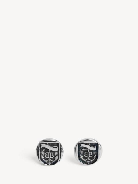 BALENCIAGA Men's Anchor Crest Stud Earrings in Antique Silver