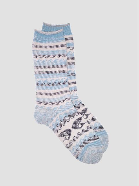 Nigel Cabourn Kinari Tokyo Natural Symbol Pattern Crew Sock in Blue